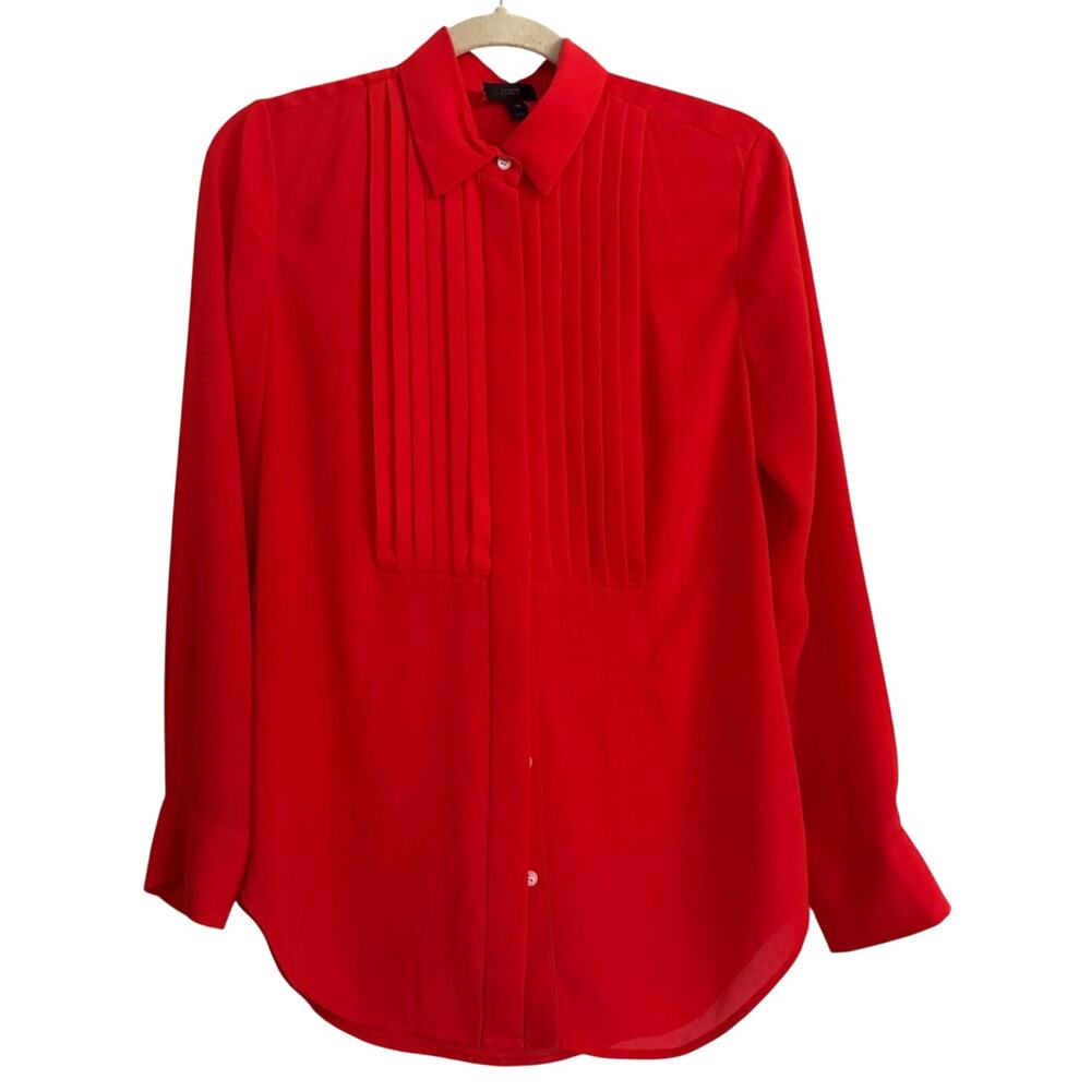J.Crew 6P Red Pintuck Button Front Blouse LS Classic Work Petite Career